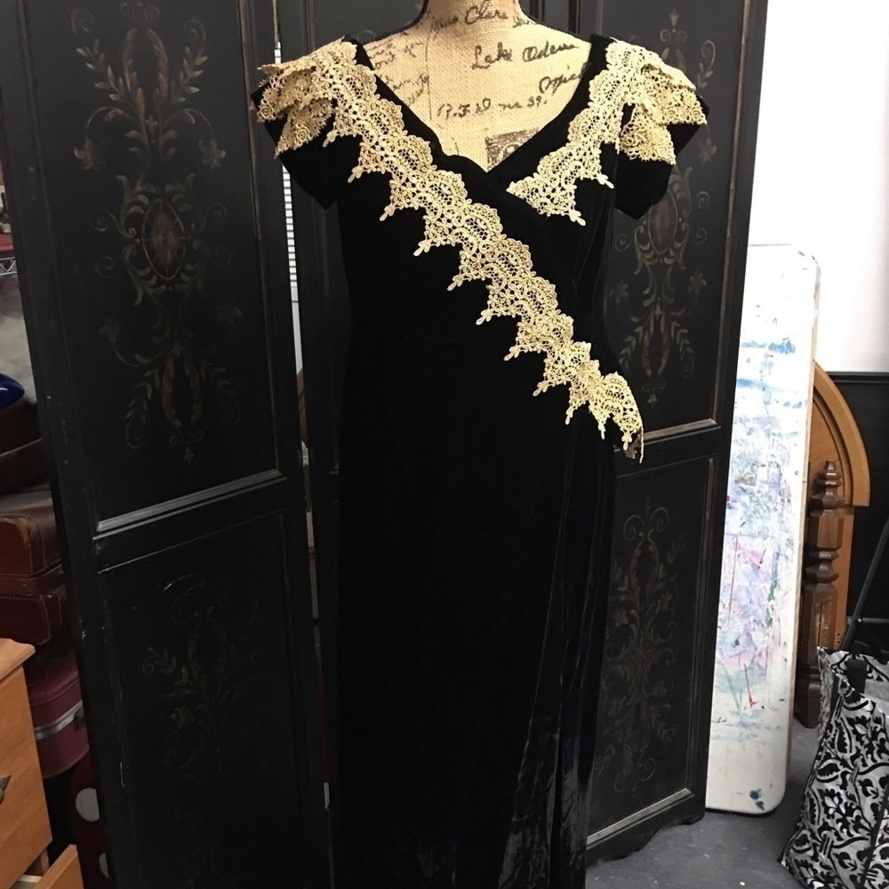CUSTOM Gerry Bryan long black dress with Gold trim